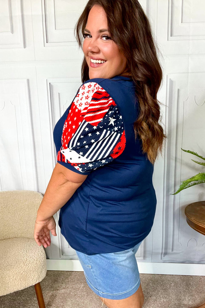 Stand-Out Navy Patriotic Patchwork Puff Sleeve Tops | Nikki &amp; Co. Boutique