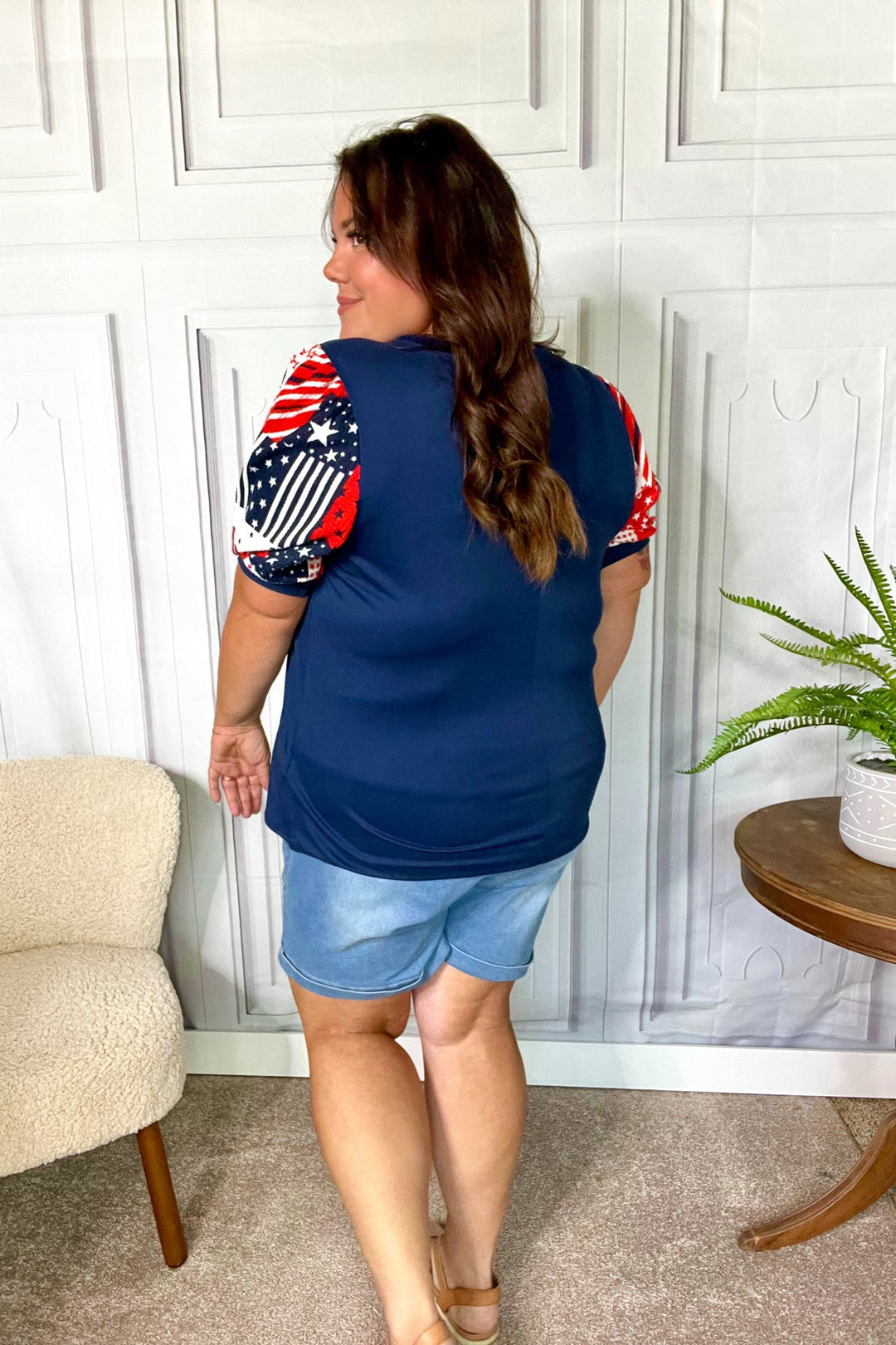 Stand-Out Navy Patriotic Patchwork Puff Sleeve Tops | Nikki &amp; Co. Boutique