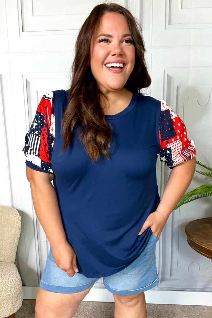 Stand-Out Navy Patriotic Patchwork Puff Sleeve Tops | Nikki &amp; Co. Boutique