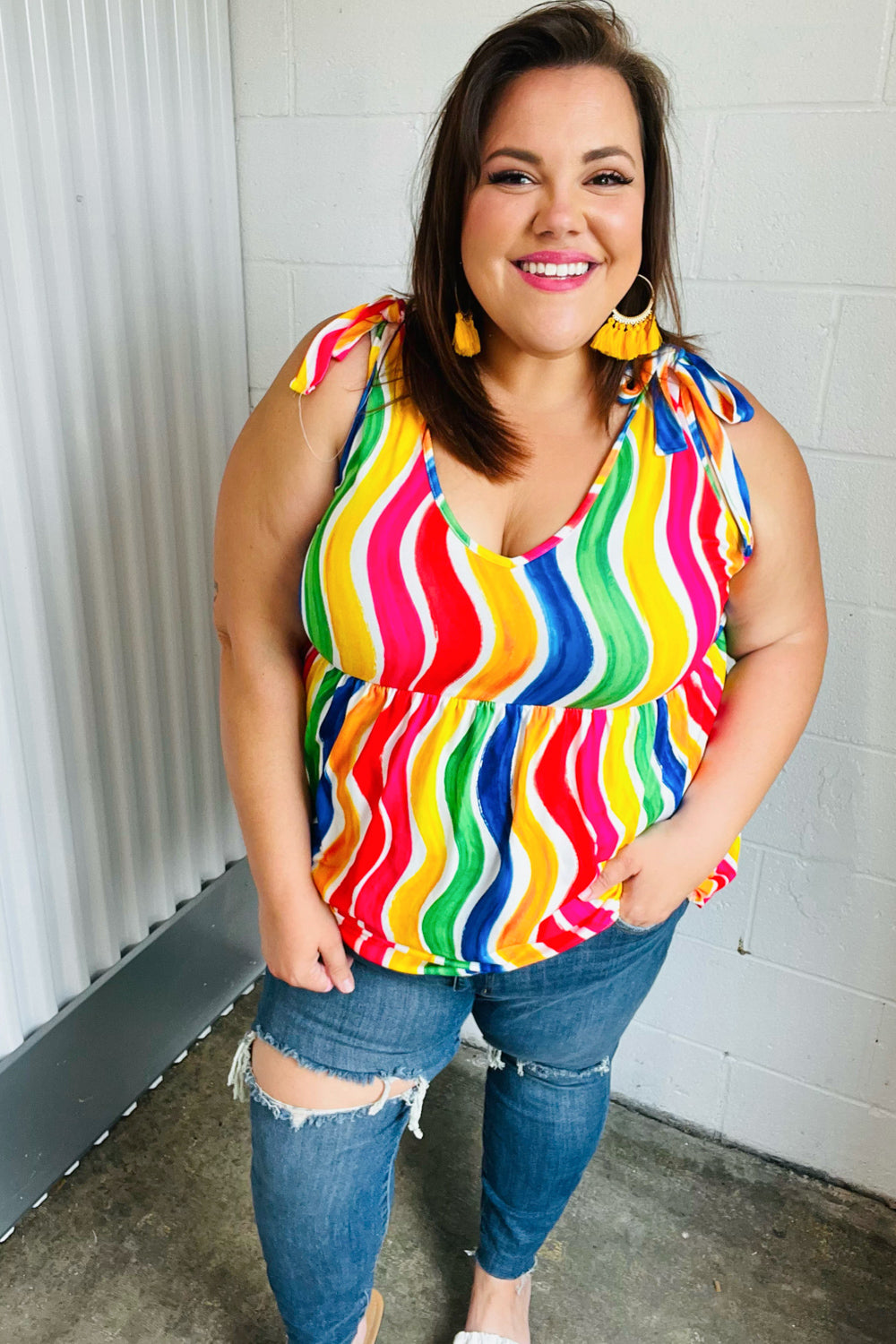Multicolor Wavy Stripe Shoulder Tie Detail Tops | Nikki &amp; Co. Boutique