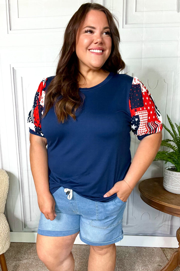 Stand-Out Navy Patriotic Patchwork Puff Sleeve Tops | Nikki &amp; Co. Boutique