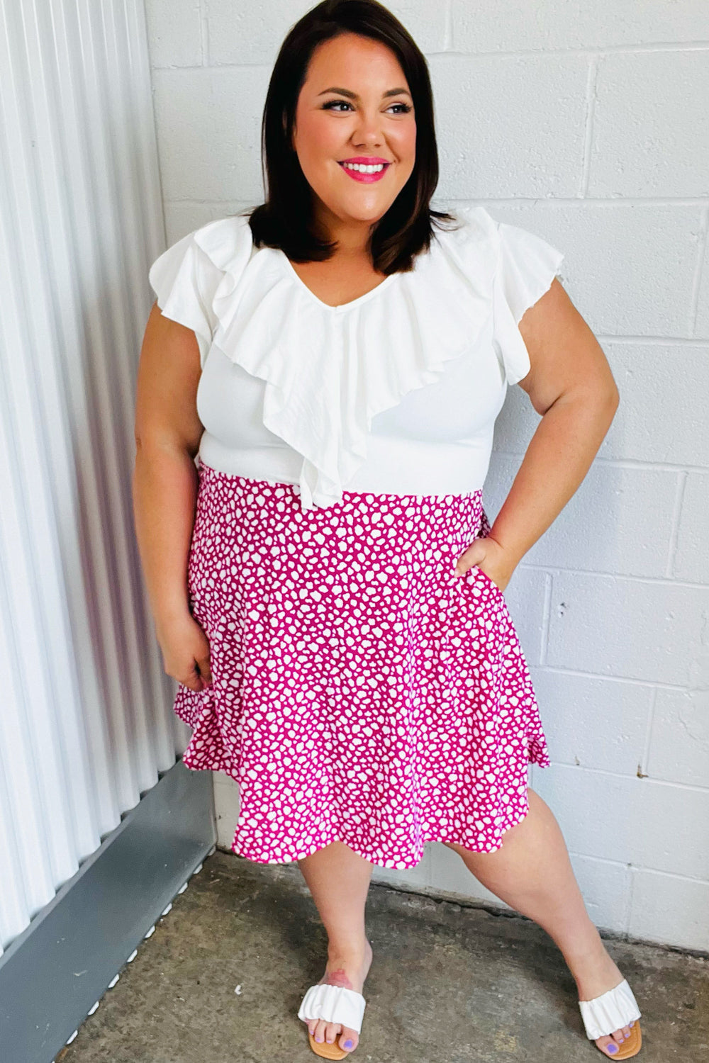 Fuchsia Leopard Two Fer Ruffle V Neck Woven Dress | Nikki &amp; Co. Boutique