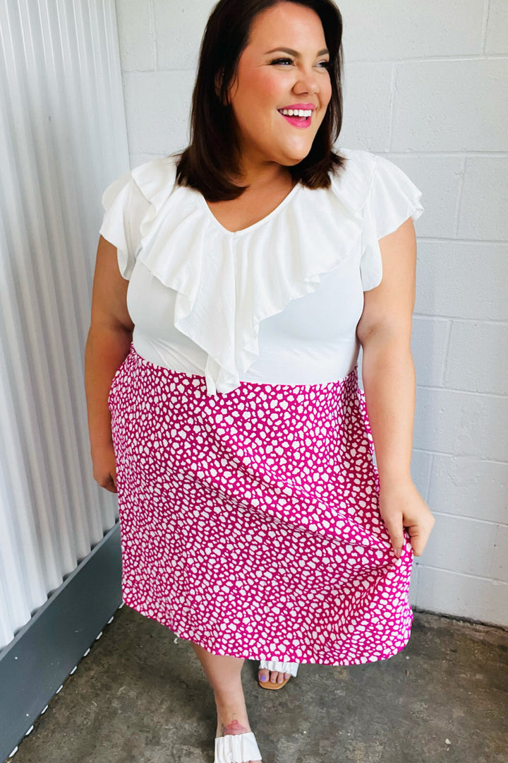 Fuchsia Leopard Two Fer Ruffle V Neck Woven Dress | Nikki &amp; Co. Boutique