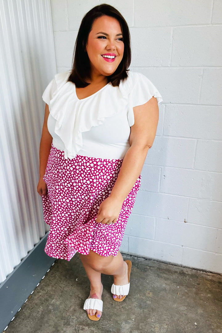Fuchsia Leopard Two Fer Ruffle V Neck Woven Dress | Nikki &amp; Co. Boutique