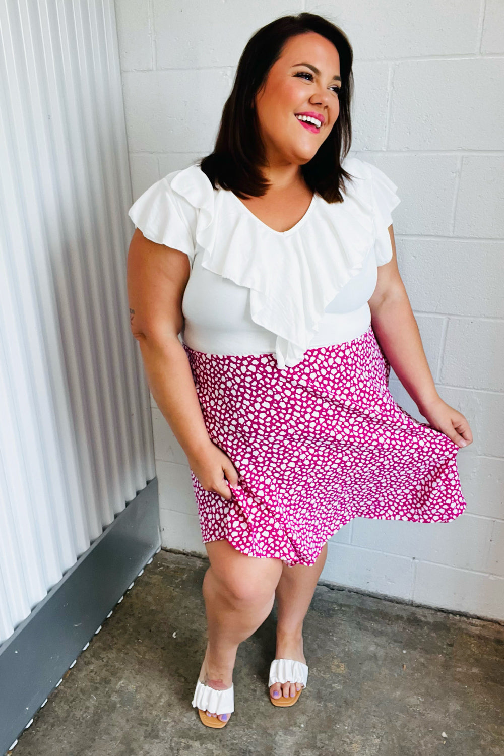 Fuchsia Leopard Two Fer Ruffle V Neck Woven Dress | Nikki &amp; Co. Boutique