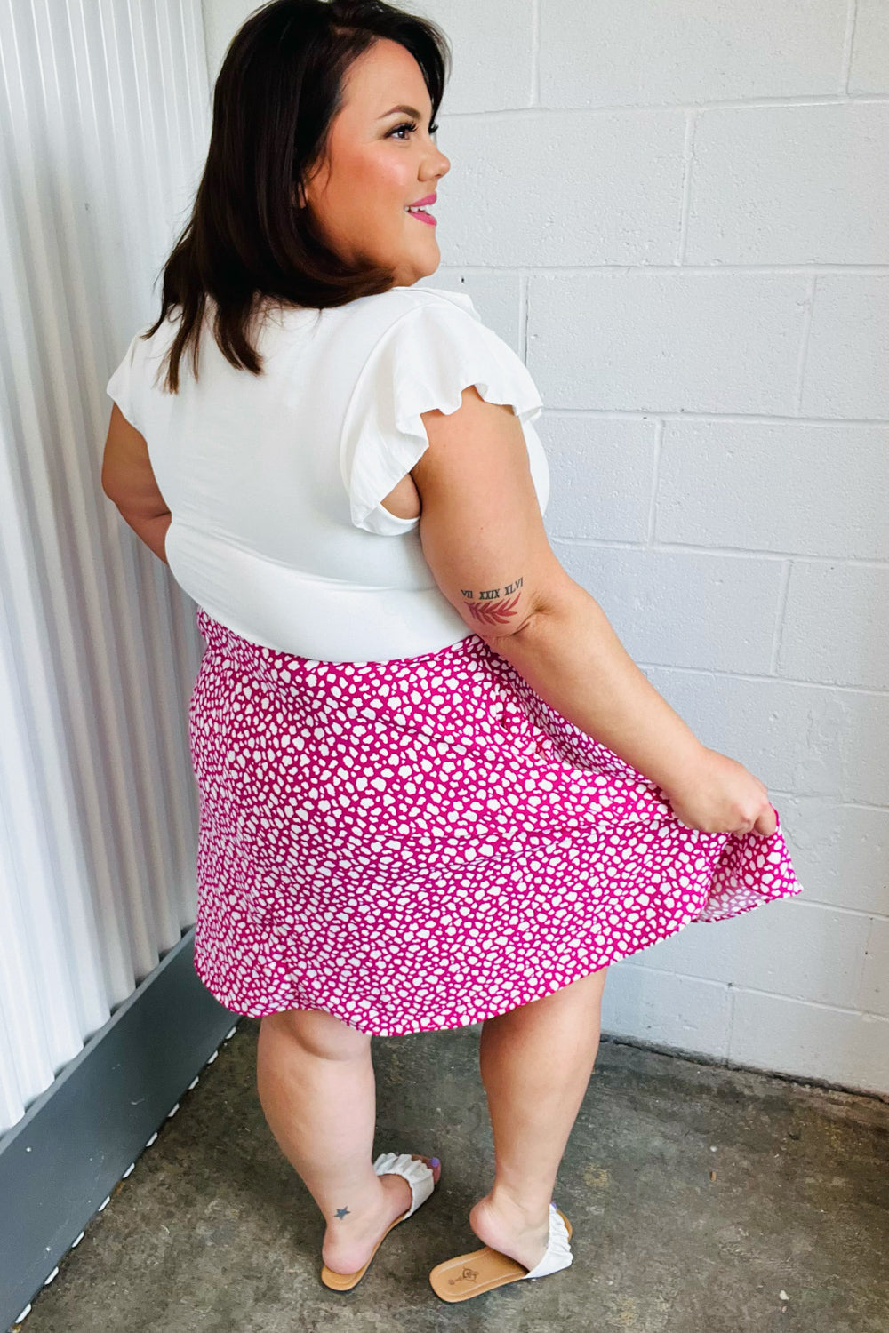 Fuchsia Leopard Two Fer Ruffle V Neck Woven Dress | Nikki &amp; Co. Boutique