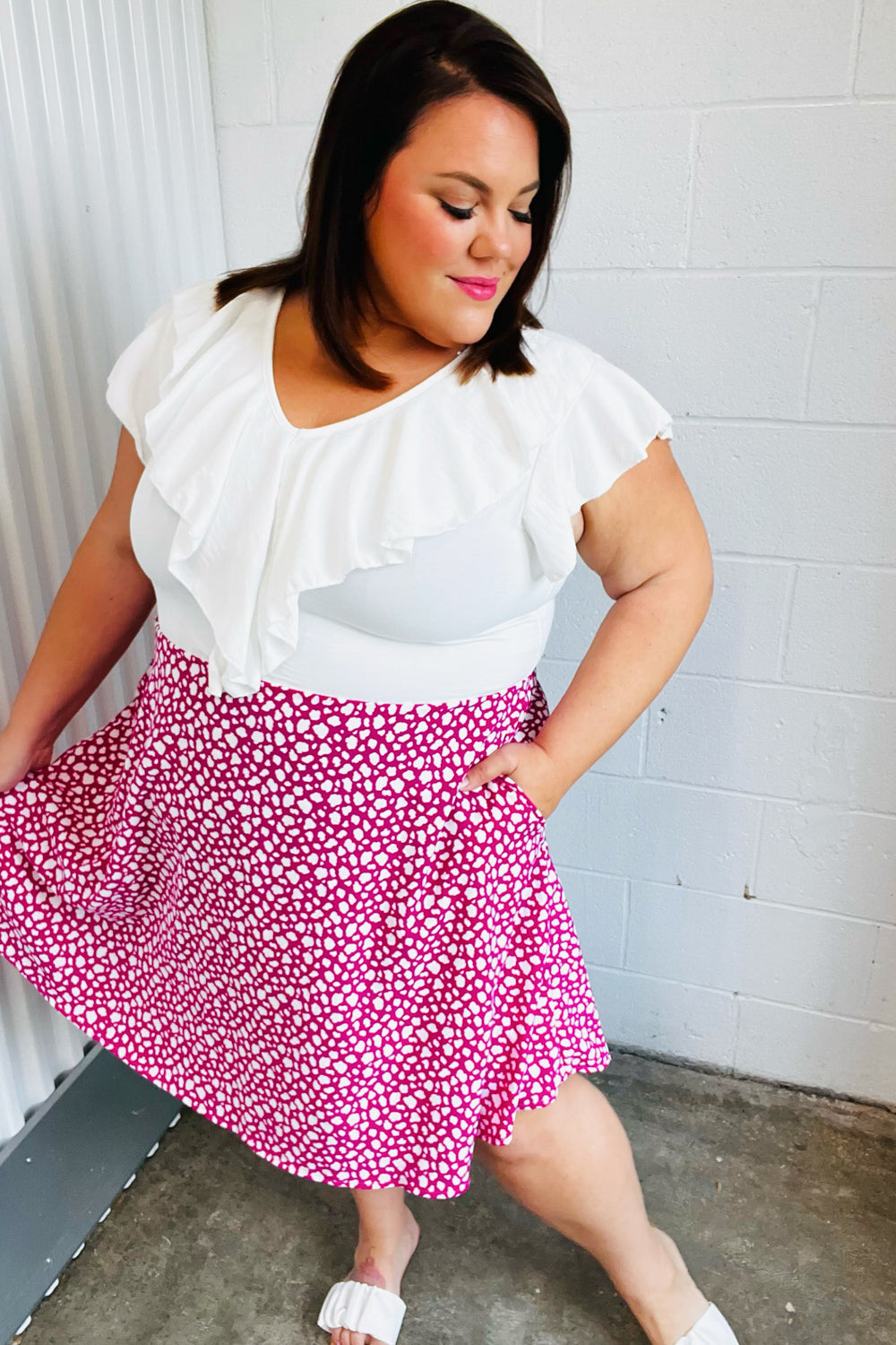 Fuchsia Leopard Two Fer Ruffle V Neck Woven Dress | Nikki &amp; Co. Boutique