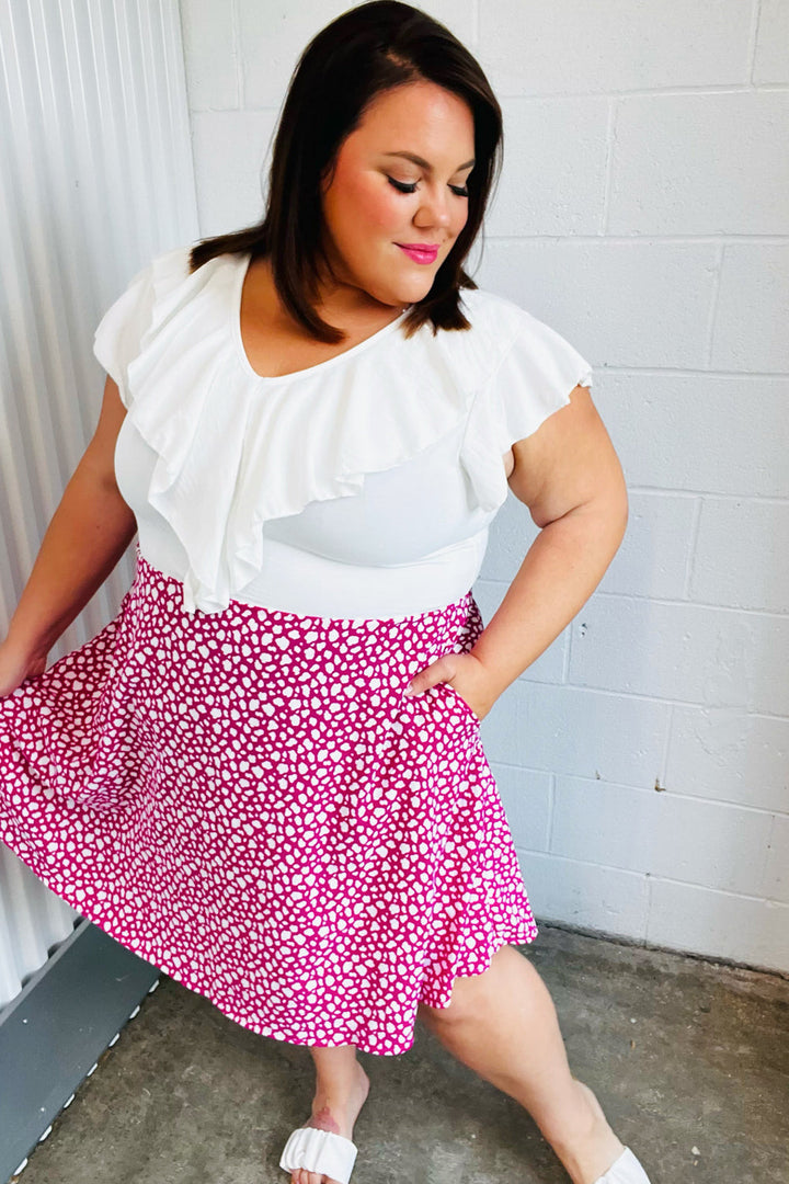 Fuchsia Leopard Two Fer Ruffle V Neck Woven Dress | Nikki &amp; Co. Boutique