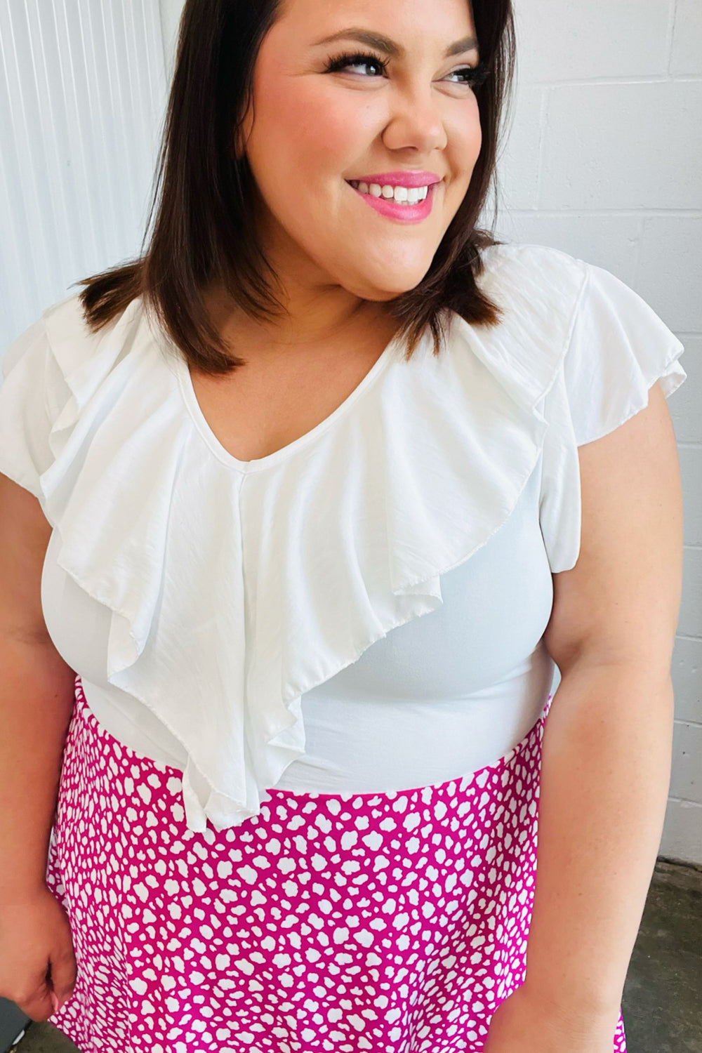 Fuchsia Leopard Two Fer Ruffle V Neck Woven Dress | Nikki &amp; Co. Boutique