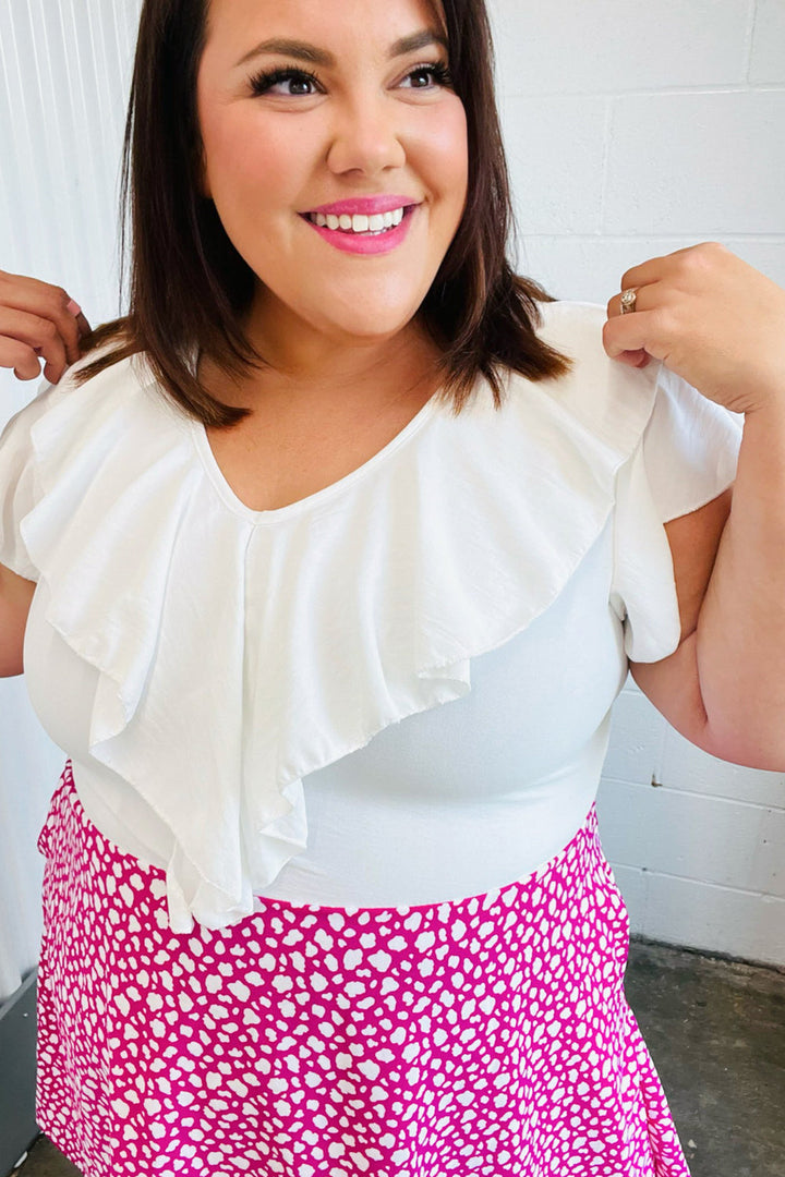 Fuchsia Leopard Two Fer Ruffle V Neck Woven Dress | Nikki &amp; Co. Boutique