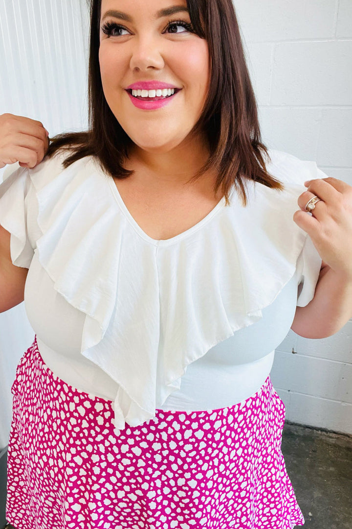 Fuchsia Leopard Two Fer Ruffle V Neck Woven Dress | Nikki &amp; Co. Boutique
