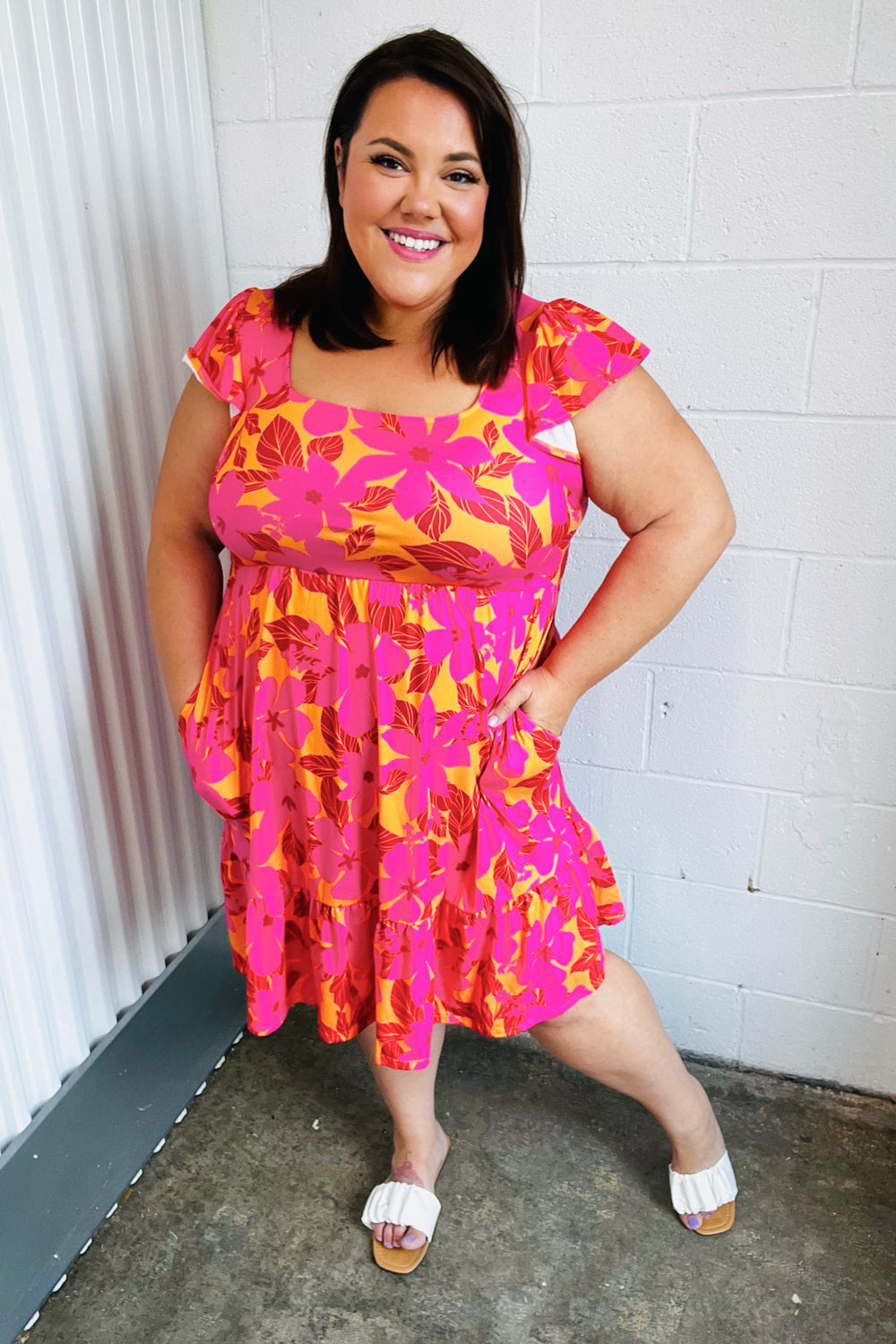 Fuchsia &amp; Orange Tropical Floral Square Neck Dress | Nikki &amp; Co. Boutique