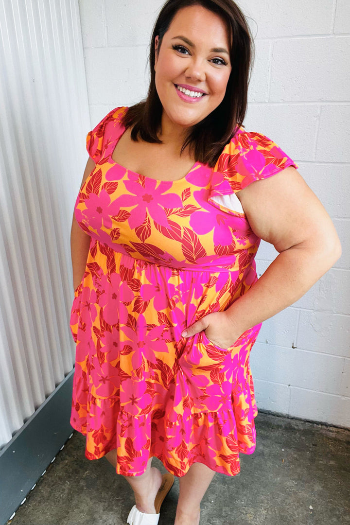 Fuchsia &amp; Orange Tropical Floral Square Neck Dress | Nikki &amp; Co. Boutique