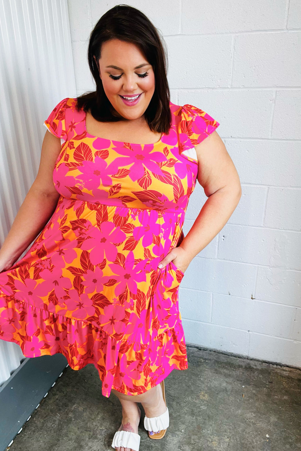 Fuchsia &amp; Orange Tropical Floral Square Neck Dress | Nikki &amp; Co. Boutique