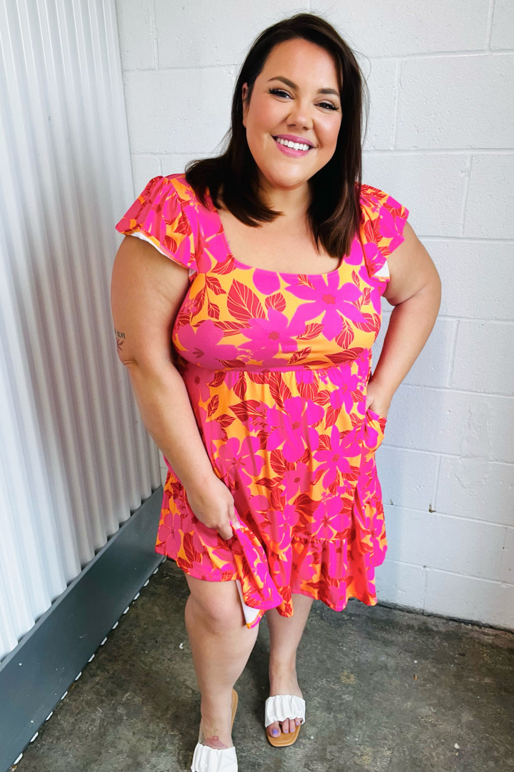 Fuchsia &amp; Orange Tropical Floral Square Neck Dress | Nikki &amp; Co. Boutique