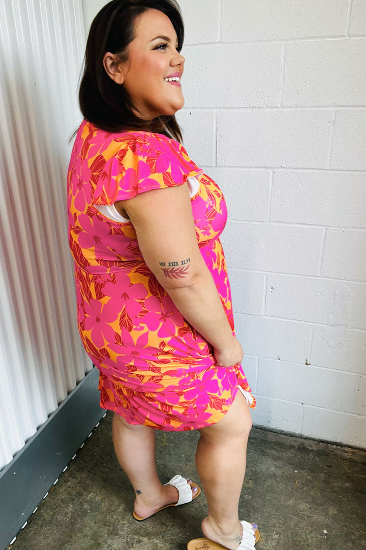 Fuchsia &amp; Orange Tropical Floral Square Neck Dress | Nikki &amp; Co. Boutique