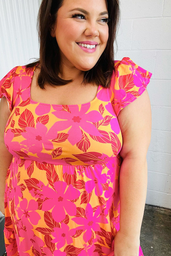 Fuchsia &amp; Orange Tropical Floral Square Neck Dress | Nikki &amp; Co. Boutique