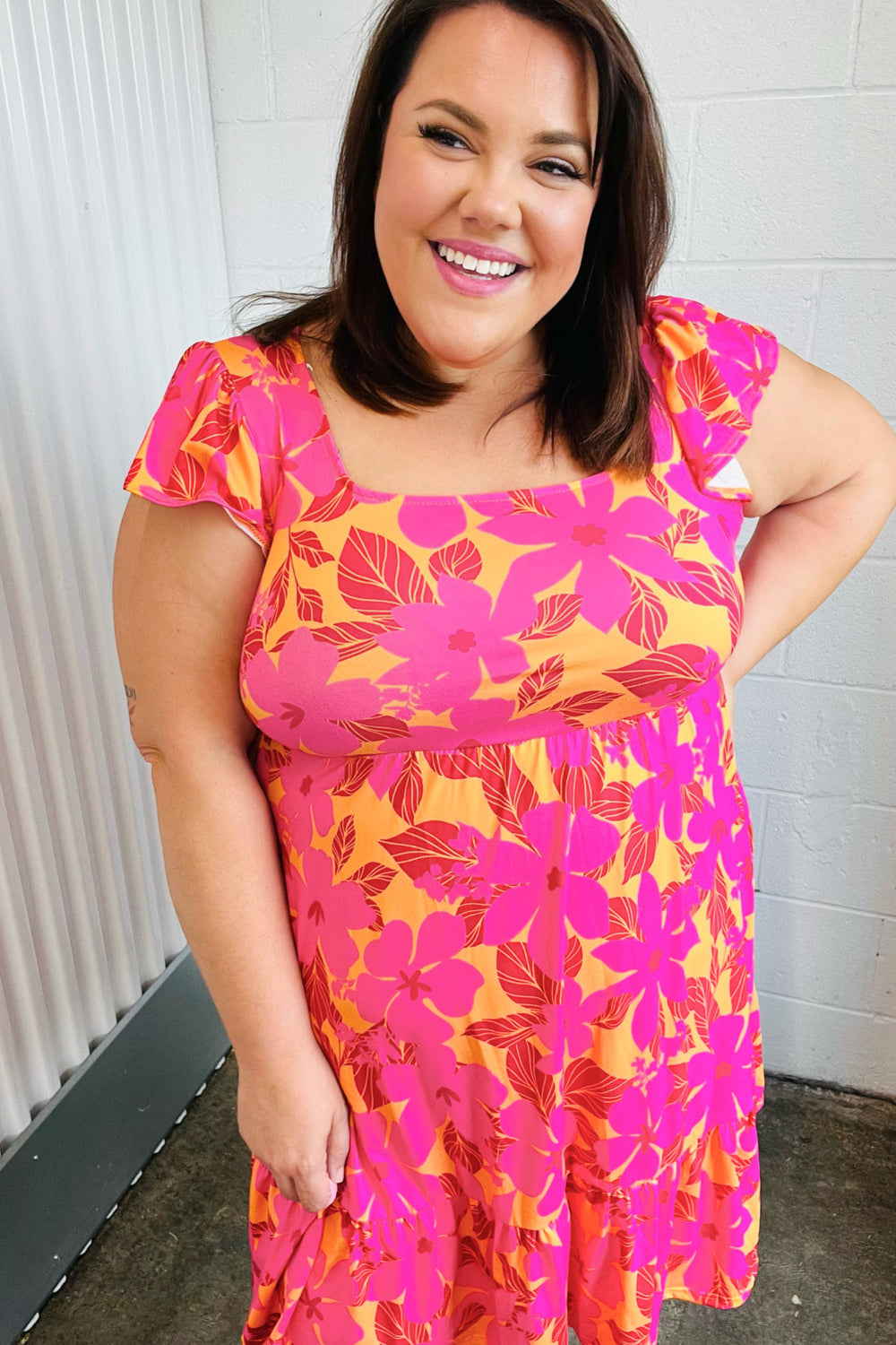 Fuchsia &amp; Orange Tropical Floral Square Neck Dress | Nikki &amp; Co. Boutique