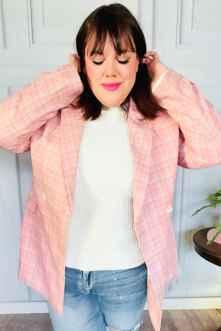 Get To It Pink Plaid Double Breasted Collar Lapel Blazer | Nikki &amp; Co. Boutique