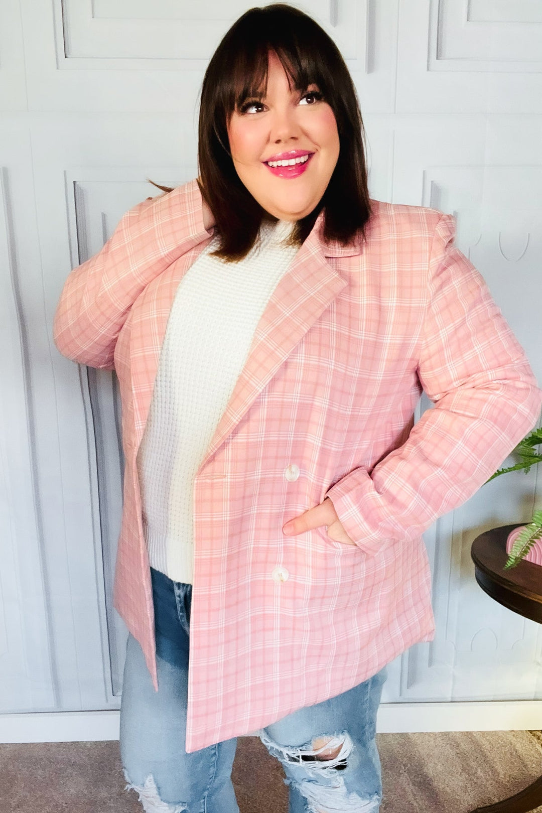 Get To It Pink Plaid Double Breasted Collar Lapel Blazer | Nikki &amp; Co. Boutique