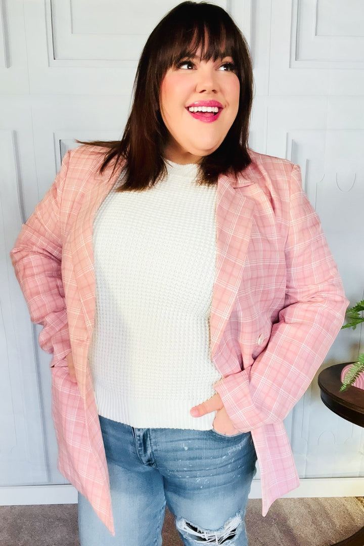 Get To It Pink Plaid Double Breasted Collar Lapel Blazer | Nikki &amp; Co. Boutique