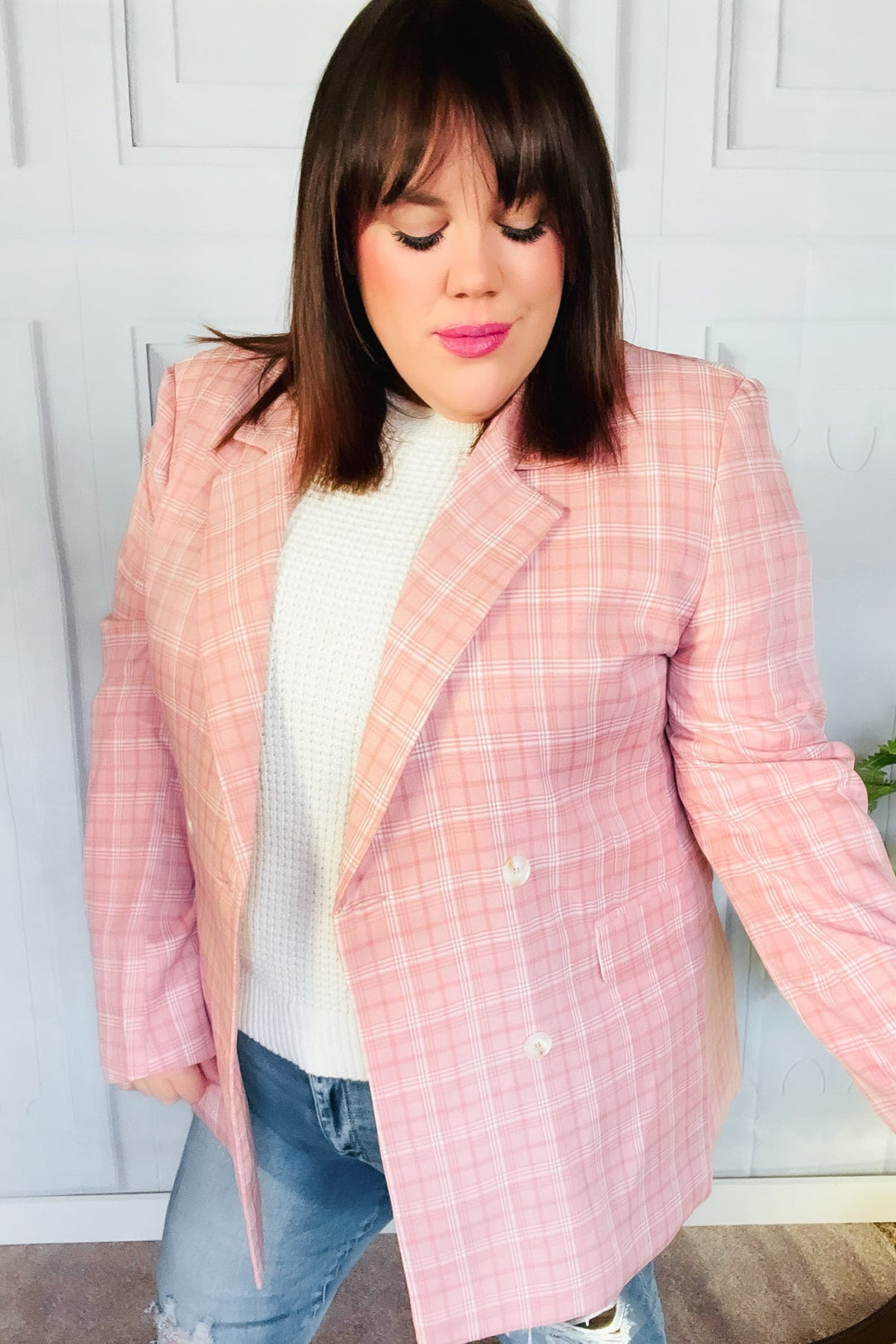 Get To It Pink Plaid Double Breasted Collar Lapel Blazer | Nikki &amp; Co. Boutique