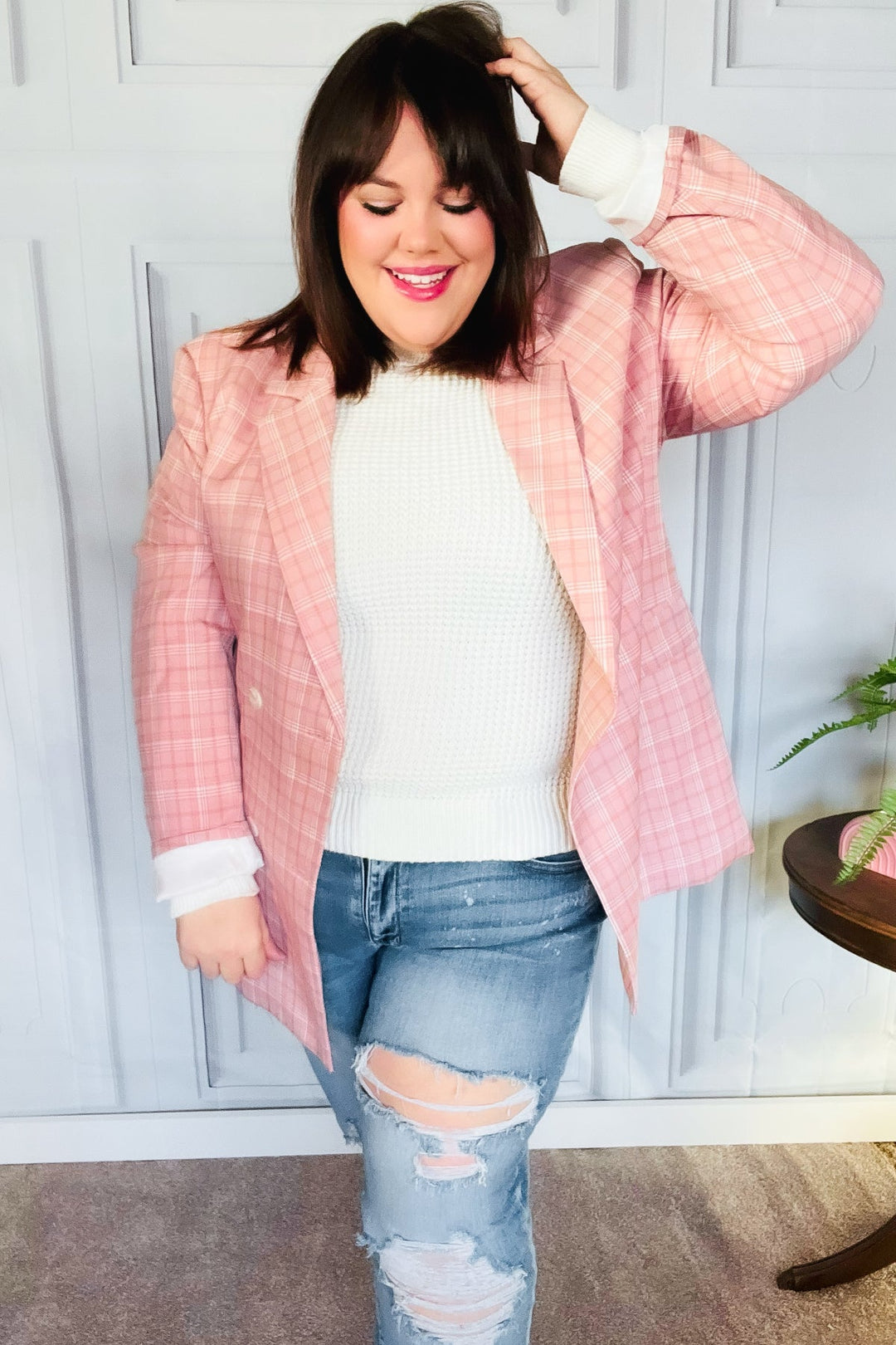 Get To It Pink Plaid Double Breasted Collar Lapel Blazer | Nikki &amp; Co. Boutique