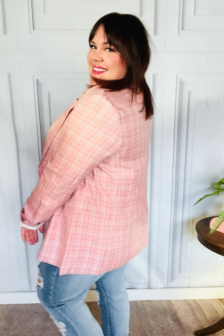 Get To It Pink Plaid Double Breasted Collar Lapel Blazer | Nikki &amp; Co. Boutique