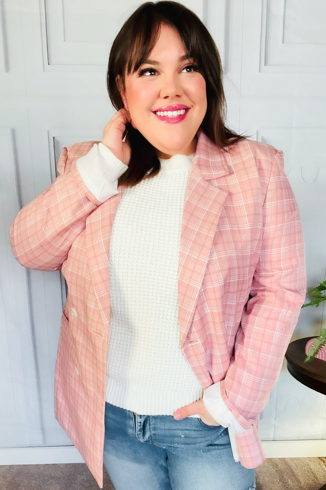 Get To It Pink Plaid Double Breasted Collar Lapel Blazer | Nikki &amp; Co. Boutique
