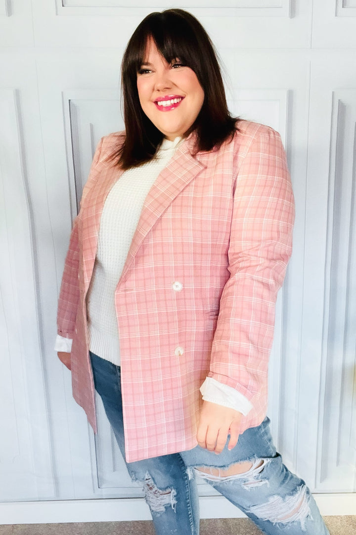 Get To It Pink Plaid Double Breasted Collar Lapel Blazer | Nikki &amp; Co. Boutique