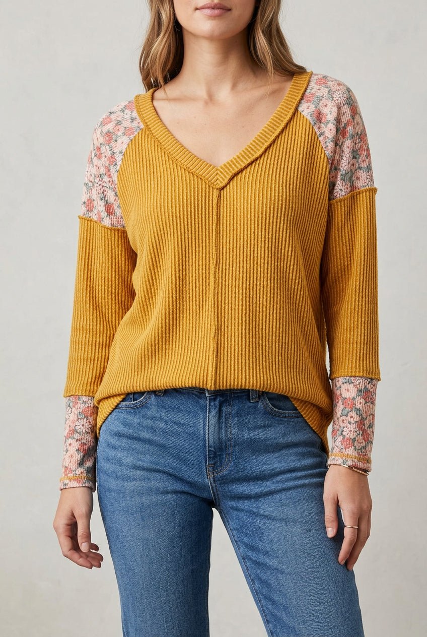 Heimish - Mustard, Long Sleeve Top with Floral Accents (NP) - Nikki &amp; Co. Boutique