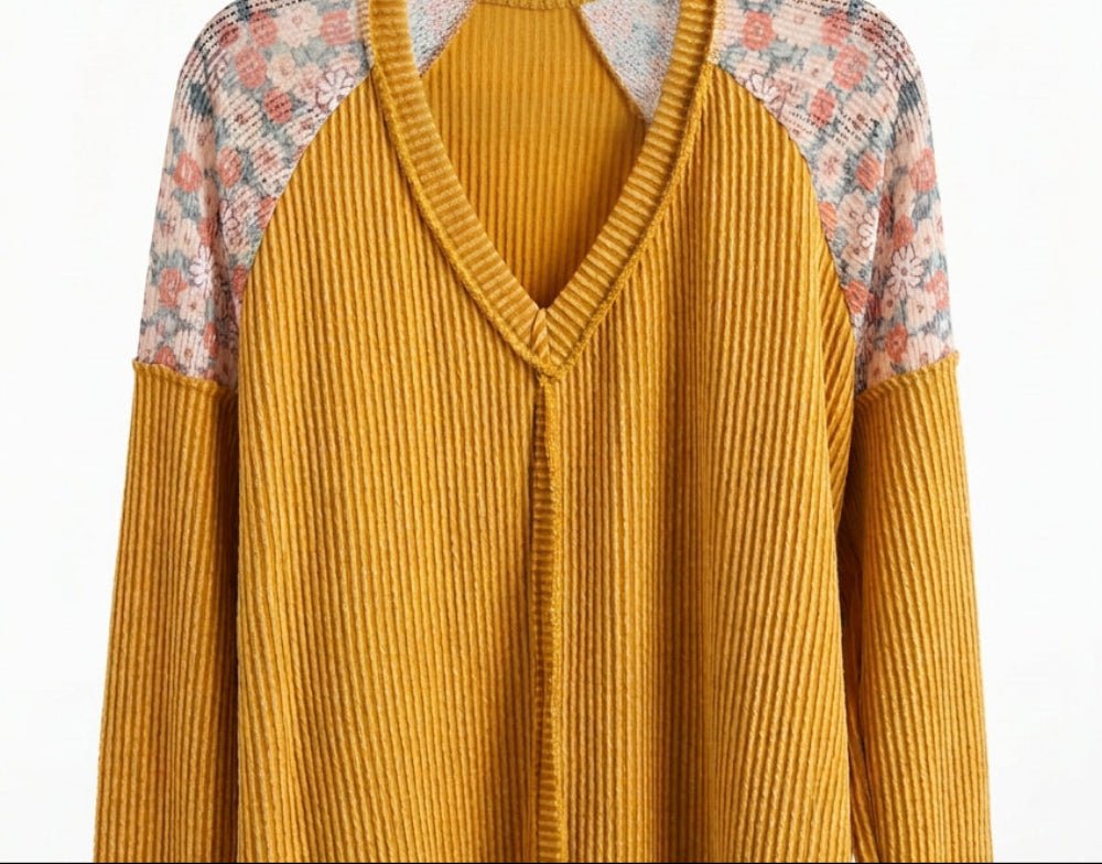 Heimish - Mustard, Long Sleeve Top with Floral Accents (NP) - Nikki &amp; Co. Boutique