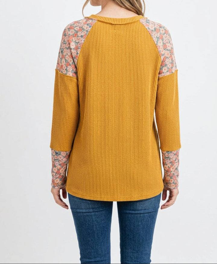 Heimish - Mustard, Long Sleeve Top with Floral Accents (NP) - Nikki &amp; Co. Boutique