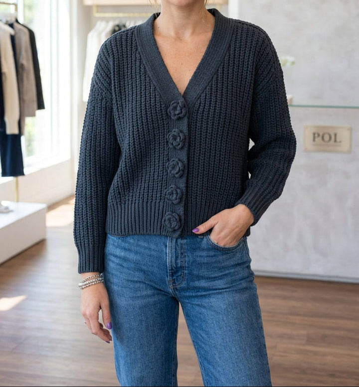 POL - Navy Cardigan with Floral Buttons (NP) - Nikki &amp; Co. Boutique