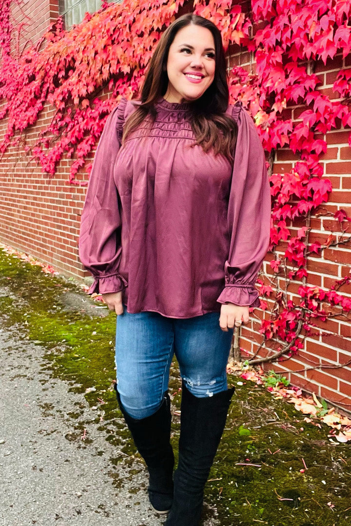 Be Your Best Wine Satin Shirred Yoke Frilled Mock Neck Tops | Nikki &amp; Co. Boutique