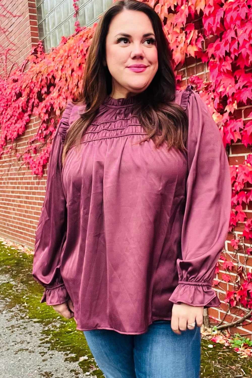 Be Your Best Wine Satin Shirred Yoke Frilled Mock Neck Tops | Nikki &amp; Co. Boutique