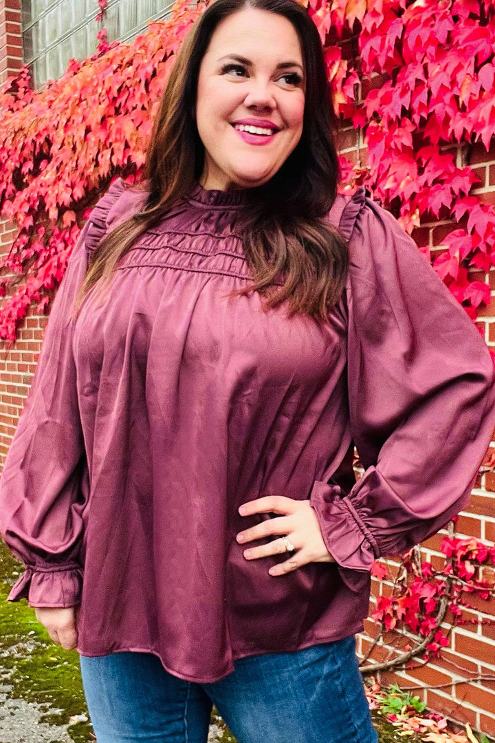 Be Your Best Wine Satin Shirred Yoke Frilled Mock Neck Tops | Nikki &amp; Co. Boutique