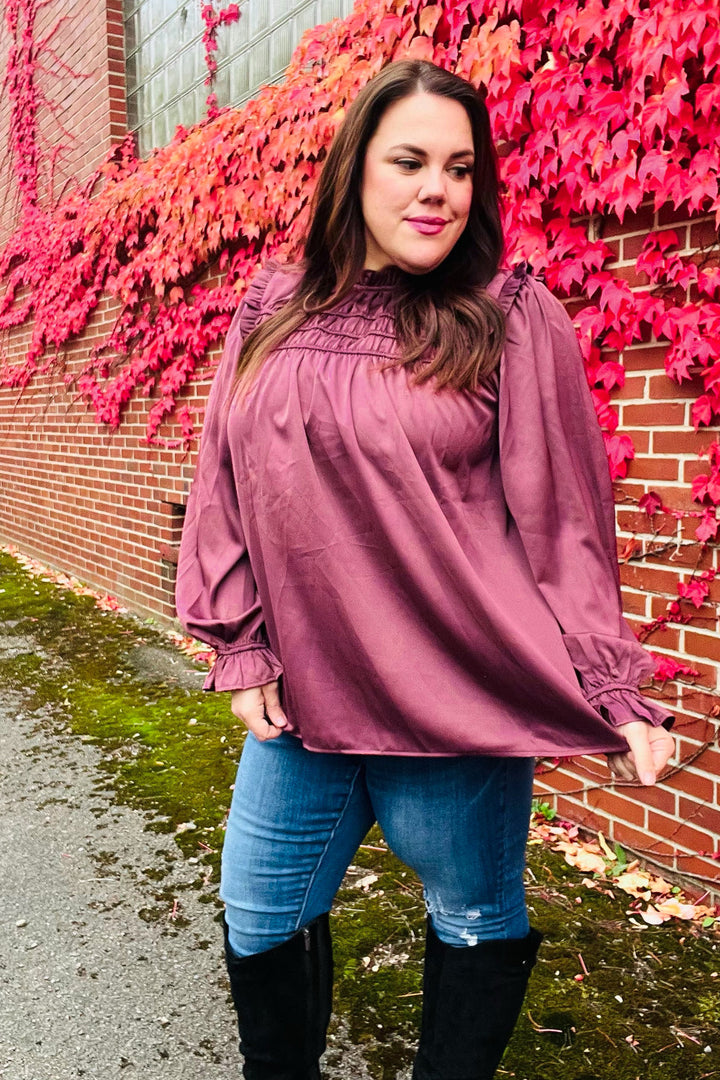 Be Your Best Wine Satin Shirred Yoke Frilled Mock Neck Tops | Nikki &amp; Co. Boutique