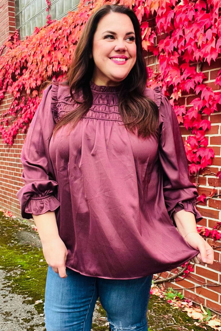 Be Your Best Wine Satin Shirred Yoke Frilled Mock Neck Tops | Nikki &amp; Co. Boutique