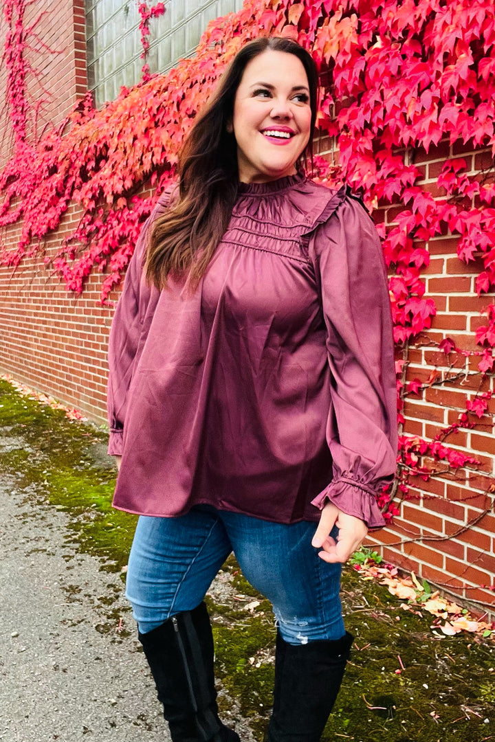 Be Your Best Wine Satin Shirred Yoke Frilled Mock Neck Tops | Nikki &amp; Co. Boutique