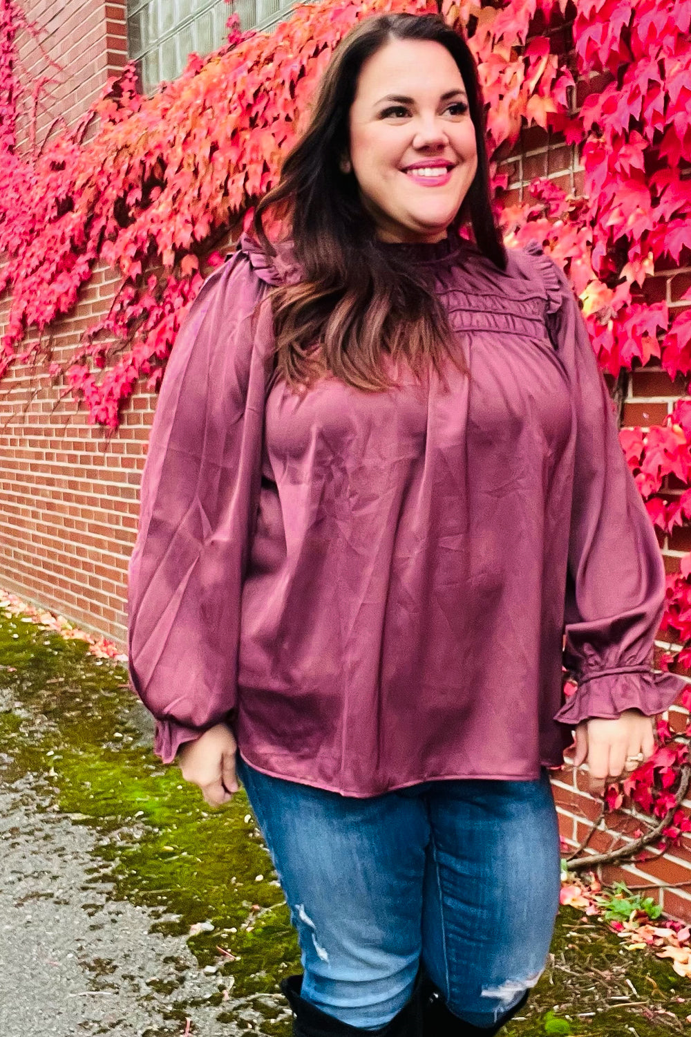Be Your Best Wine Satin Shirred Yoke Frilled Mock Neck Tops | Nikki &amp; Co. Boutique