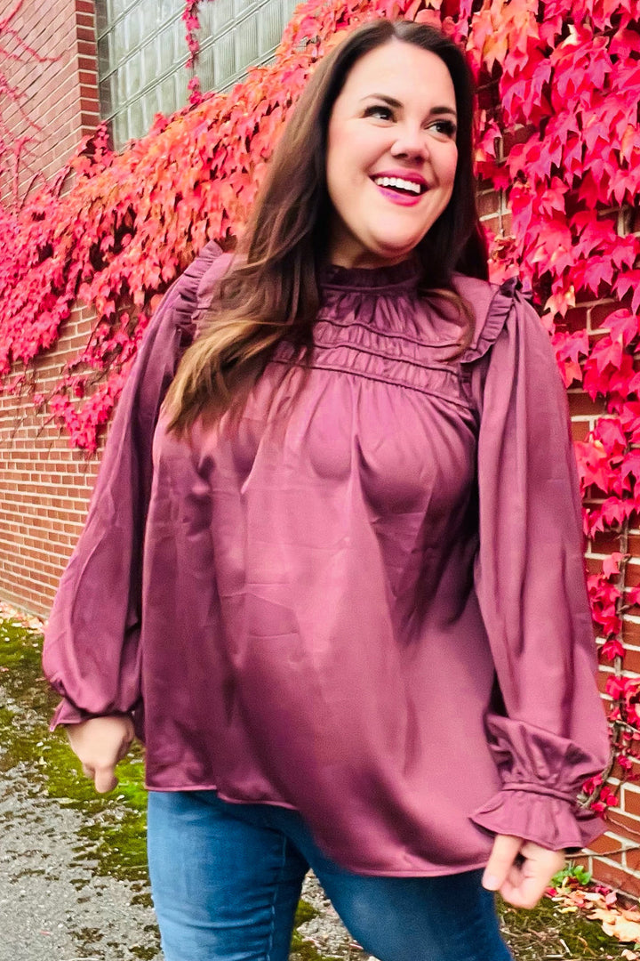 Be Your Best Wine Satin Shirred Yoke Frilled Mock Neck Tops | Nikki &amp; Co. Boutique