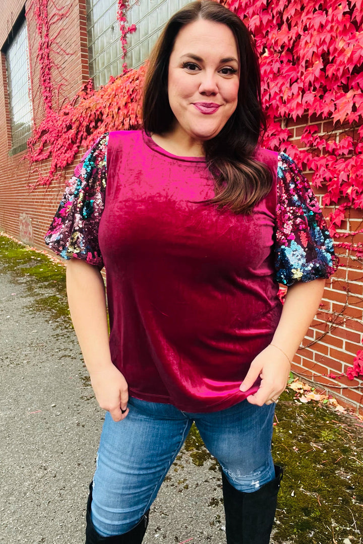 Diva Dreams Wine Floral Sequin Puff Sleeve Velvet Tops | Nikki &amp; Co. Boutique