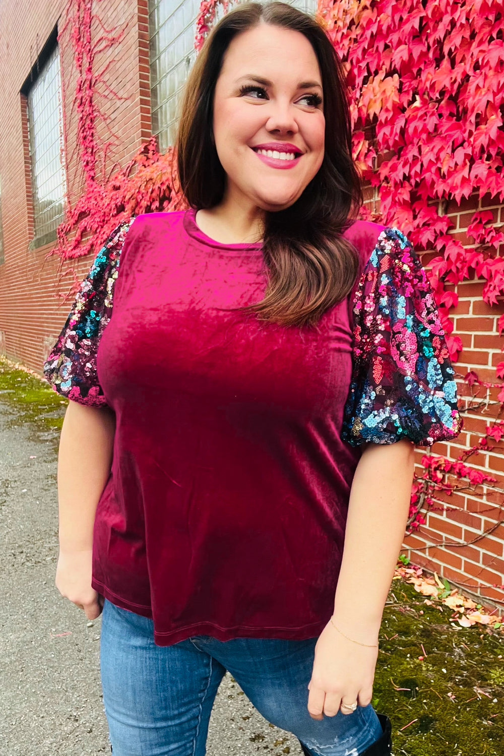 Diva Dreams Wine Floral Sequin Puff Sleeve Velvet Tops | Nikki &amp; Co. Boutique