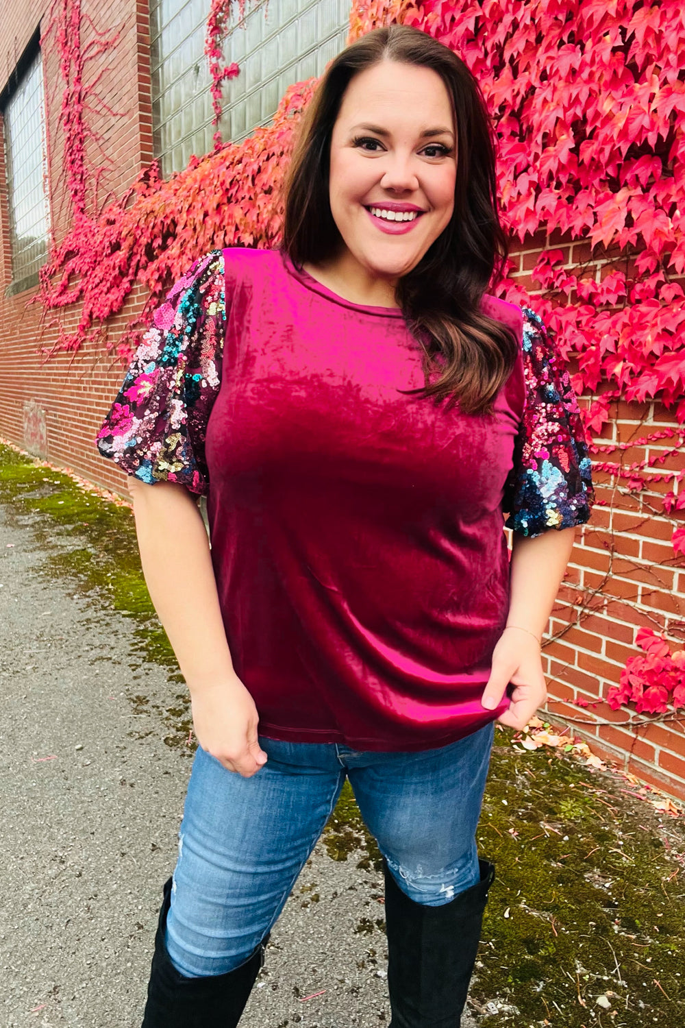 Diva Dreams Wine Floral Sequin Puff Sleeve Velvet Tops | Nikki &amp; Co. Boutique