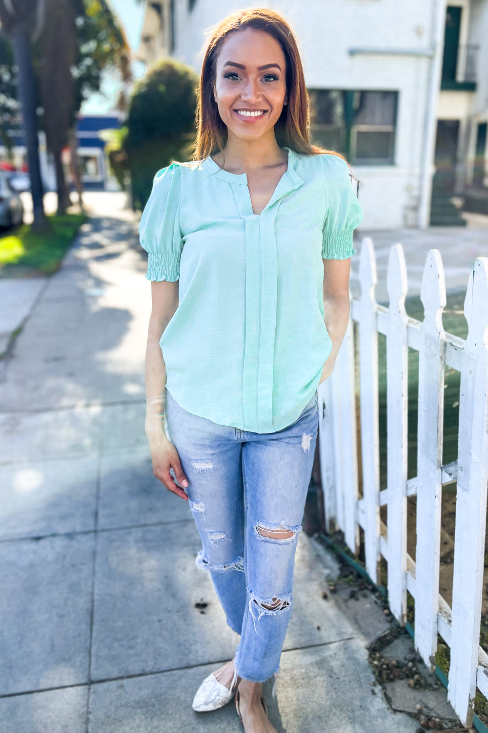 Elegant You Lilac Notched Neck Smocked Short Sleeve Blouse