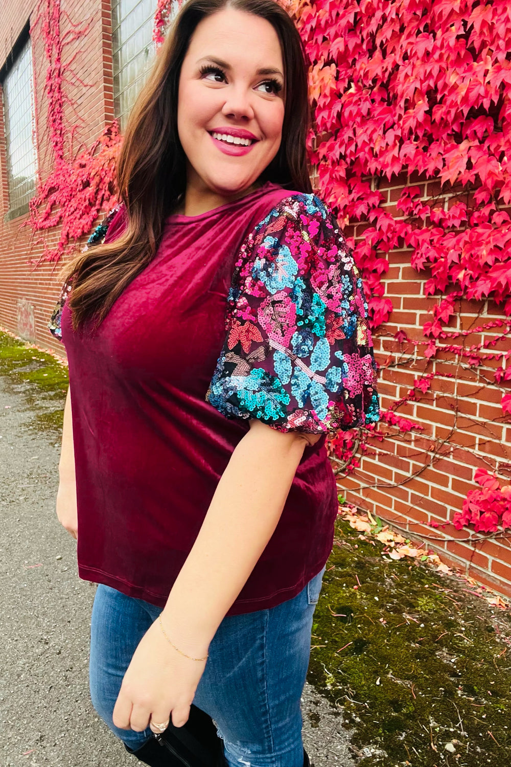 Diva Dreams Wine Floral Sequin Puff Sleeve Velvet Tops | Nikki &amp; Co. Boutique