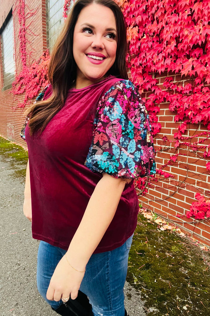 Diva Dreams Wine Floral Sequin Puff Sleeve Velvet Tops | Nikki &amp; Co. Boutique