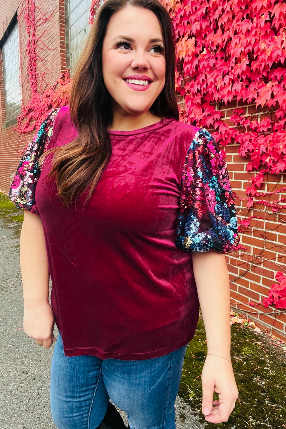Diva Dreams Wine Floral Sequin Puff Sleeve Velvet Tops | Nikki &amp; Co. Boutique