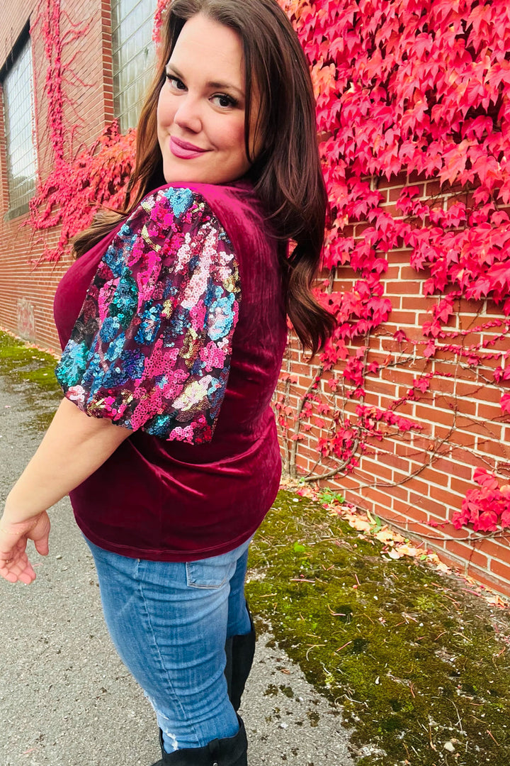 Diva Dreams Wine Floral Sequin Puff Sleeve Velvet Tops | Nikki &amp; Co. Boutique